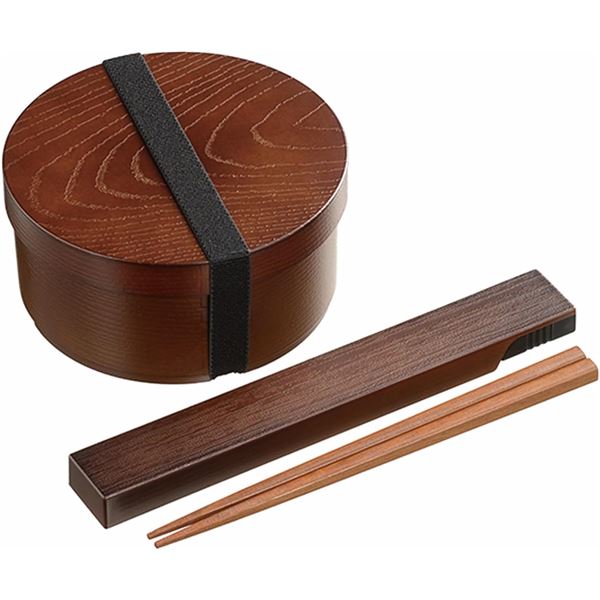 カクセー 曲げわっぱ風 弁当箱 箸と箸ケースのセット(袋入) 茶 TW-12 丸型