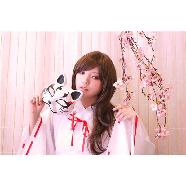 和風 コスプレ衣装/コスチューム 小物 【きつね面 白 黒耳】 半面タイプ 『花鳥風月』
