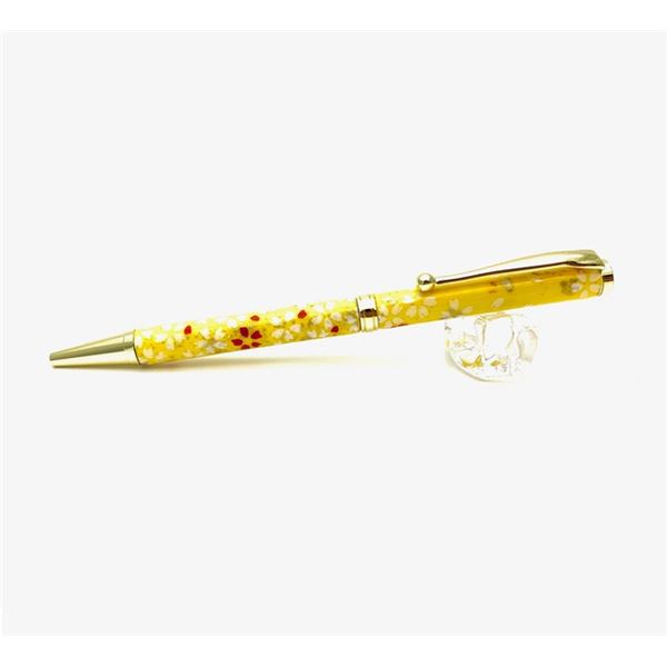 日本製 ハンドメイド ボールペン/文房具 【桜と流水 黄色】 クロスタイプ 芯:0.7mm 美濃和紙 友禅紙 文具 オフィス用品