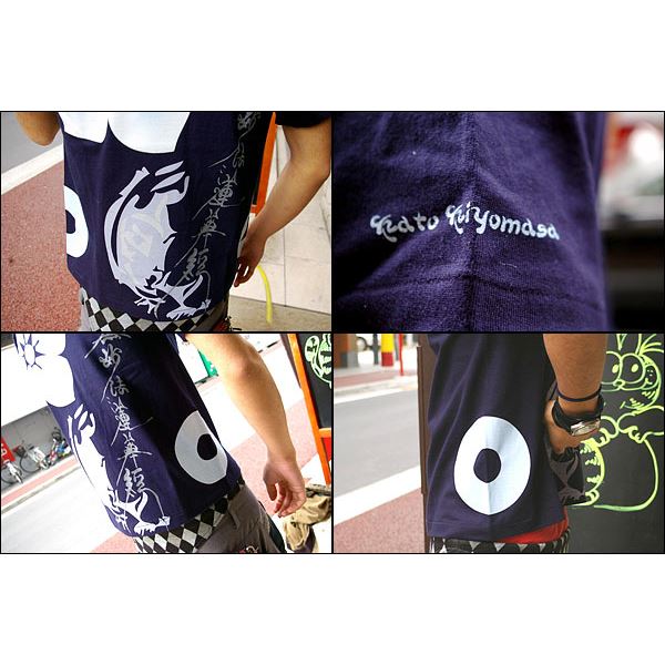 戦国武将Tシャツ 【加藤清正 桔梗紋】 Sサイズ 半袖 綿100% ネイビー(紺) 〔Uネック おもしろ〕
