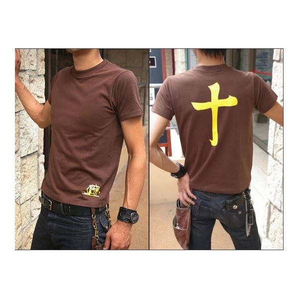 戦国武将Tシャツ 【島津義弘 十文字】 Sサイズ 半袖 綿100% 茶 〔Uネック おもしろ〕