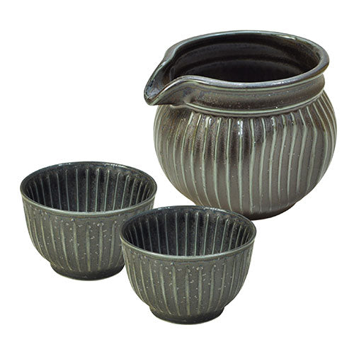 ヤマコー てまひま工房 SOGI ぐいのみ/徳利 3点セット 削ぎ目が個性的な陶器の酒器セット 黒 yamaco79723