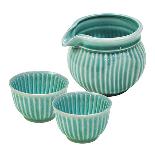 ヤマコー てまひま工房 SOGI ぐいのみ/徳利 3点セット 削ぎ目が個性的な陶器の酒器セット 緑 yamaco79724
