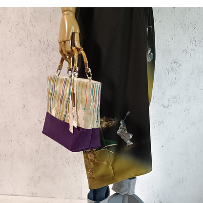 One-of-a-kind KIMONO Obi Tote Bag - Colorful Flowing Lines & Bamboo Handles