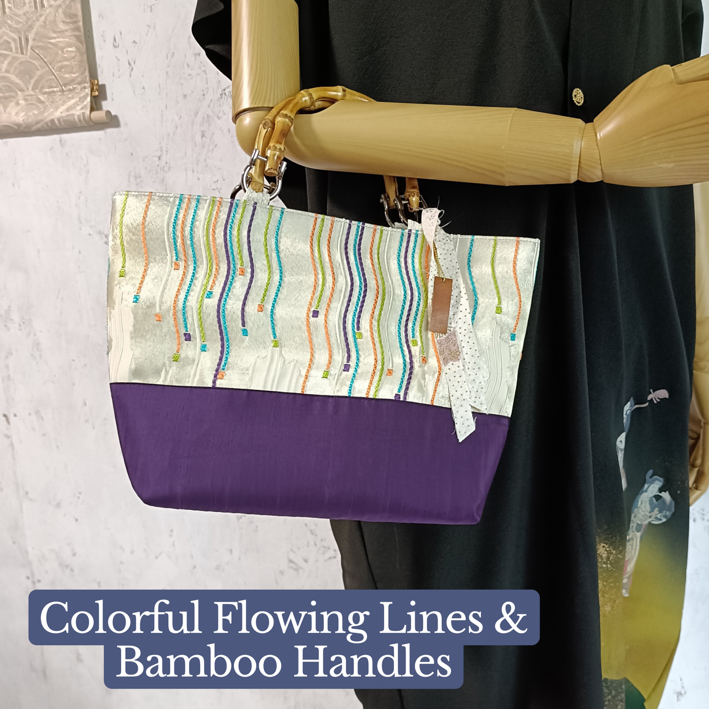 One-of-a-kind KIMONO Obi Tote Bag - Colorful Flowing Lines & Bamboo Handles