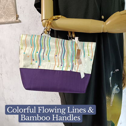 One-of-a-kind KIMONO Obi Tote Bag - Colorful Flowing Lines & Bamboo Handles