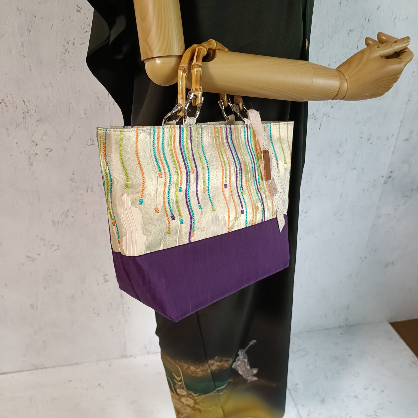 One-of-a-kind KIMONO Obi Tote Bag - Colorful Flowing Lines & Bamboo Handles
