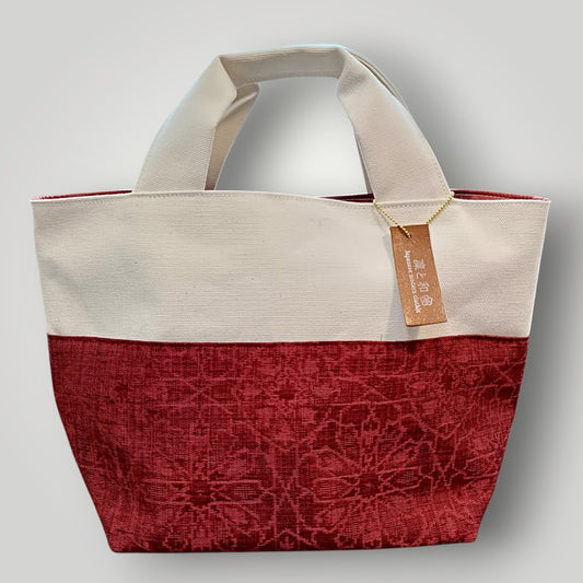 着物リメイク バイカラー KIMONO 軽量ミニトート 着物リメイク 帆布 ミニトートバッグ ｜装いに気品を添える 深紅のボルドー 伝統織柄 和モダン bag
