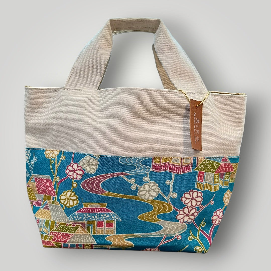 OOAK Pop Light Blue & Traditional Scenery -"Just the Right Size" Canvas & Kimono Mini Tote Bag