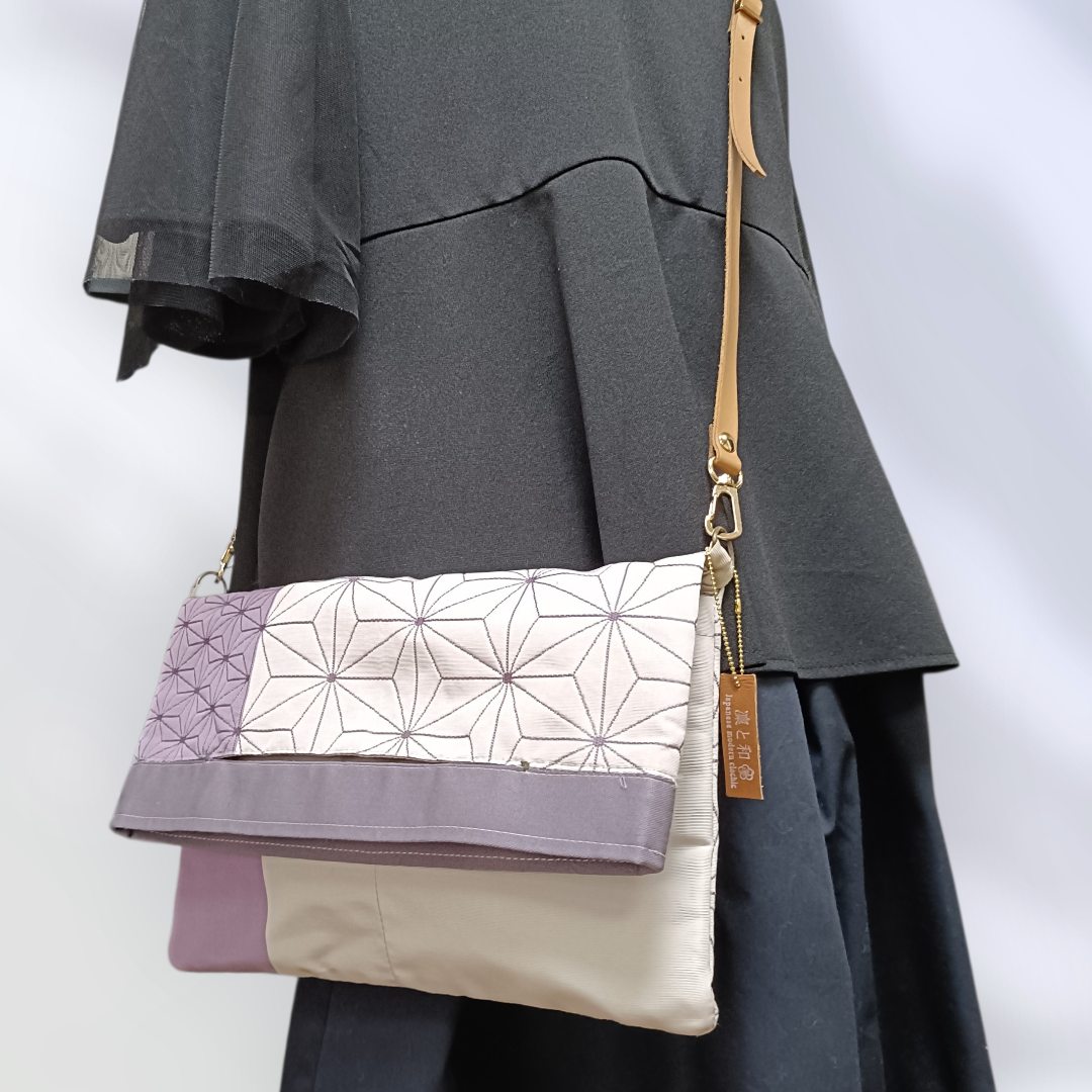 Lavender KIMONO OBI３-way Clutch Bag ASANOHA Pattern