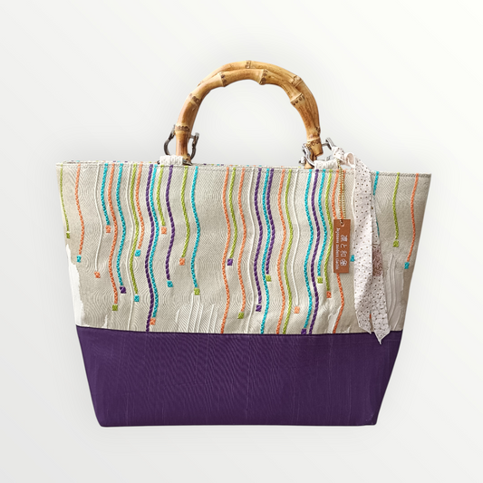 One-of-a-kind KIMONO Obi Tote Bag - Colorful Flowing Lines & Bamboo Handles