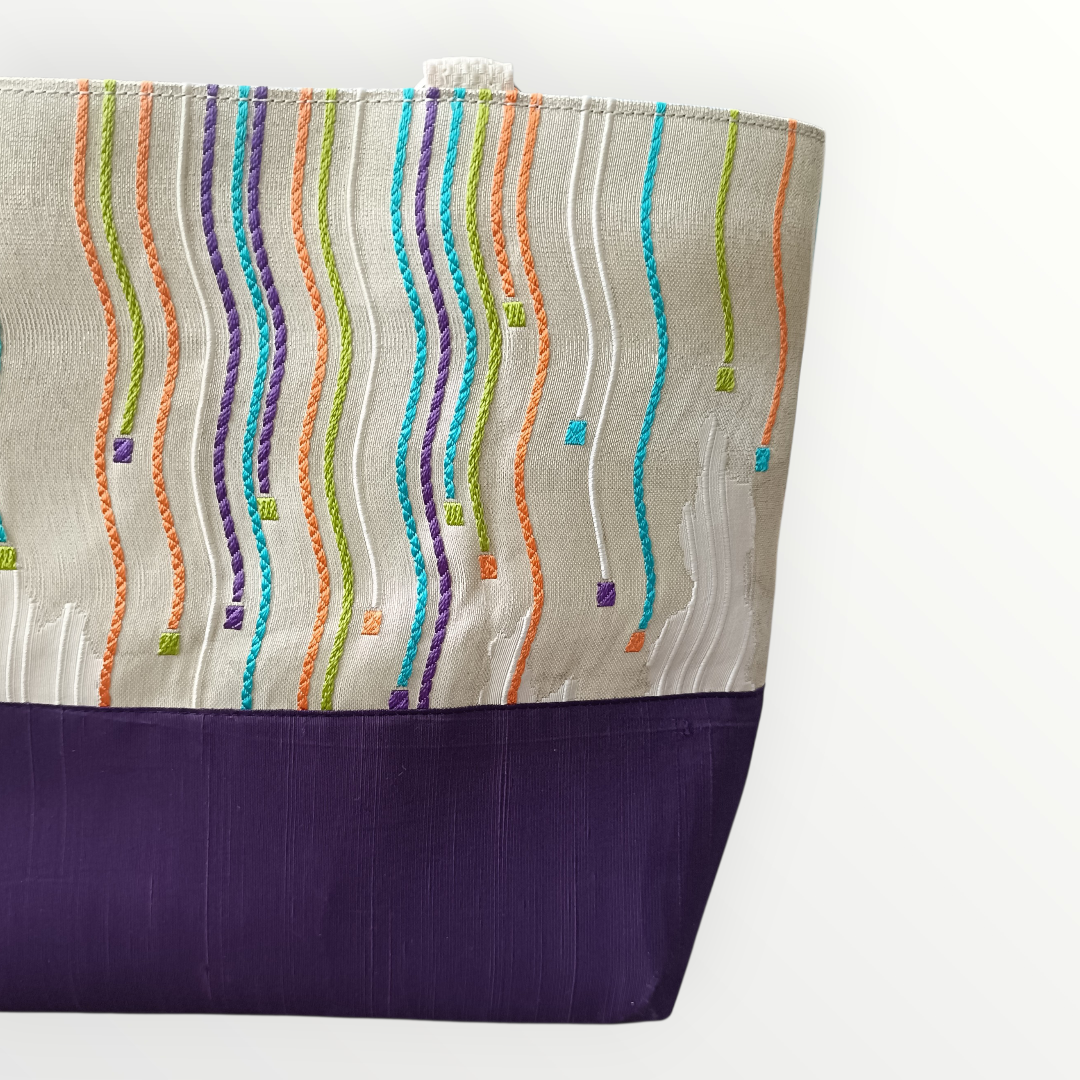 One-of-a-kind KIMONO Obi Tote Bag - Colorful Flowing Lines & Bamboo Handles