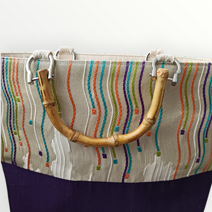 One-of-a-kind KIMONO Obi Tote Bag - Colorful Flowing Lines & Bamboo Handles