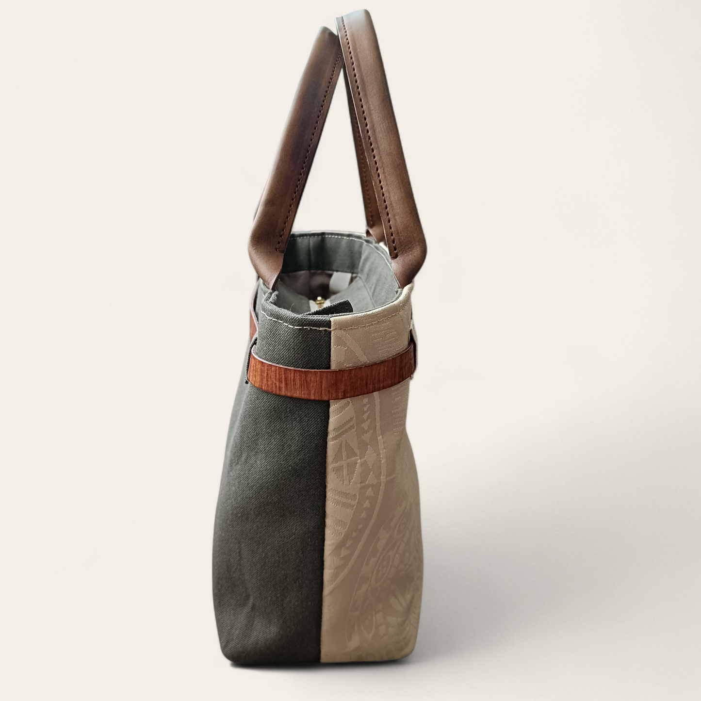 Hand-dyed Leather & Vintage KIMONO Obi Tote Bag -Artisan Luxury　with a shoulder strap