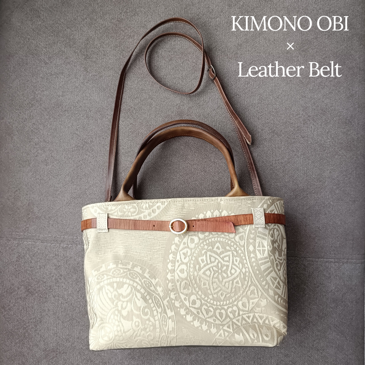 Hand-dyed Leather & Vintage KIMONO Obi Tote Bag -Artisan Luxury　with a shoulder strap