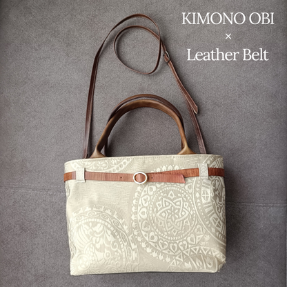 Hand-dyed Leather & Vintage KIMONO Obi Tote Bag -Artisan Luxury　with a shoulder strap