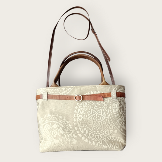 Hand-dyed Leather & Vintage KIMONO Obi Tote Bag -Artisan Luxury　with a shoulder strap
