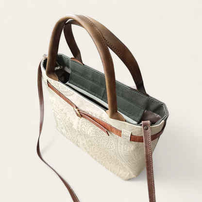 Hand-dyed Leather & Vintage KIMONO Obi Tote Bag -Artisan Luxury　with a shoulder strap