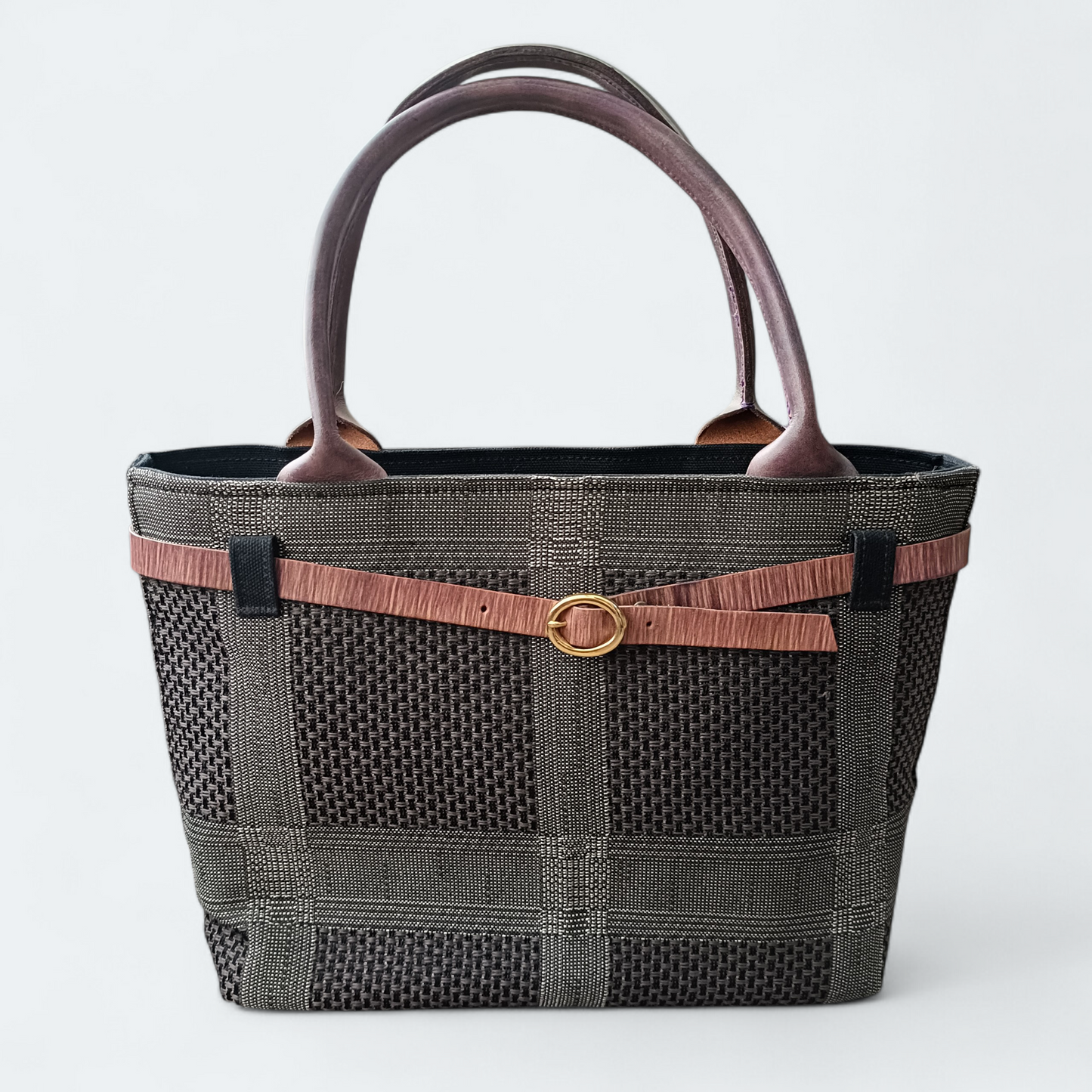 Hand-dyed Smoky Purple Leather & Checkered Kimono Obi Tote bag