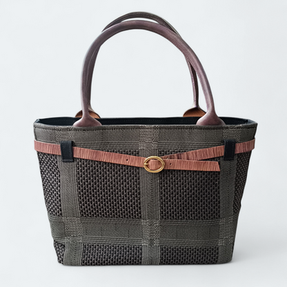 Hand-dyed Smoky Purple Leather & Checkered Kimono Obi Tote bag
