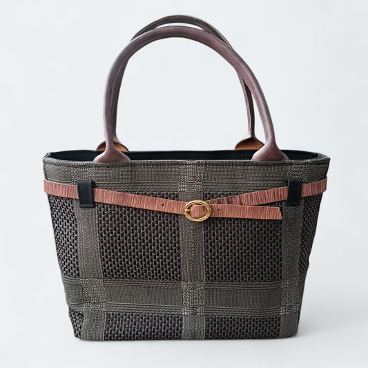 Hand-dyed Smoky Purple Leather & Checkered Kimono Obi Tote bag