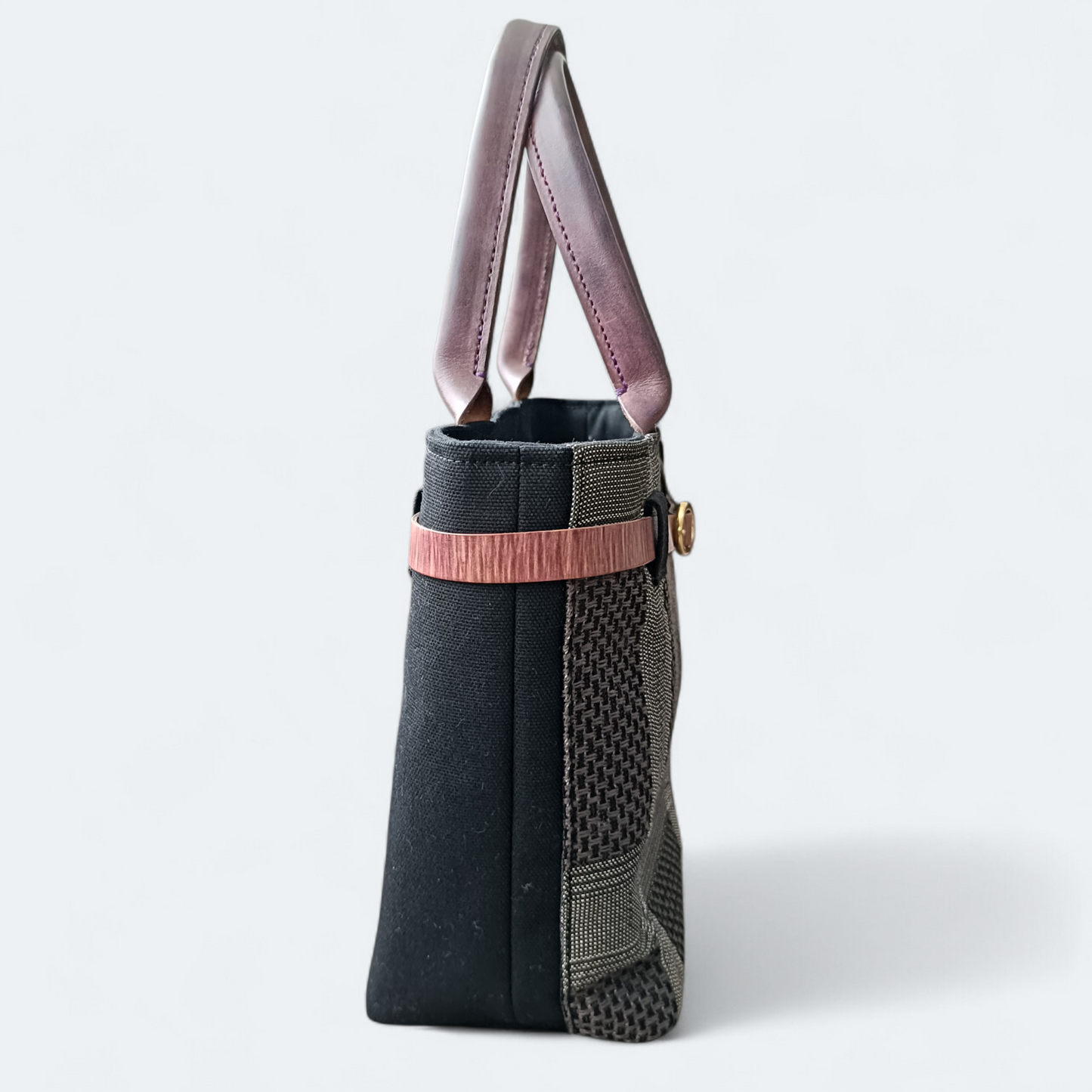 Hand-dyed Smoky Purple Leather & Checkered Kimono Obi Tote bag