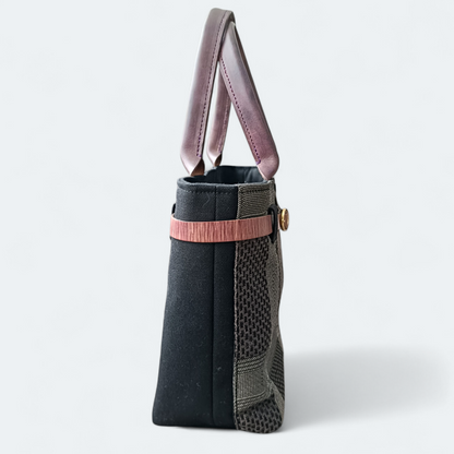 Hand-dyed Smoky Purple Leather & Checkered Kimono Obi Tote bag