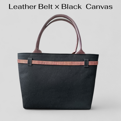 Hand-dyed Smoky Purple Leather & Checkered Kimono Obi Tote bag