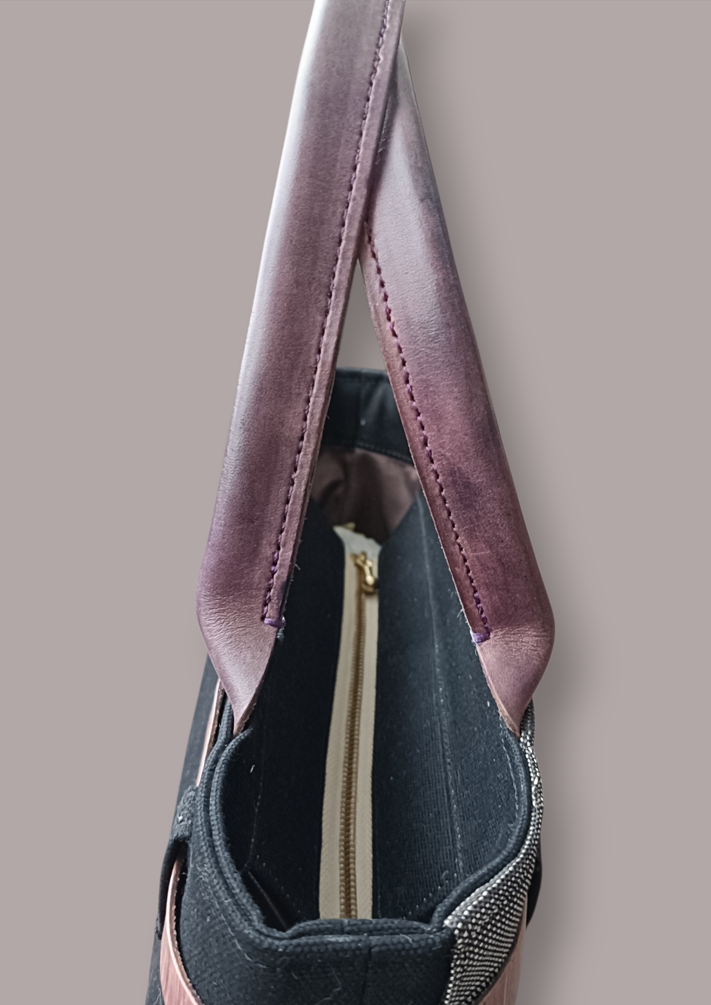 Hand-dyed Smoky Purple Leather & Checkered Kimono Obi Tote bag
