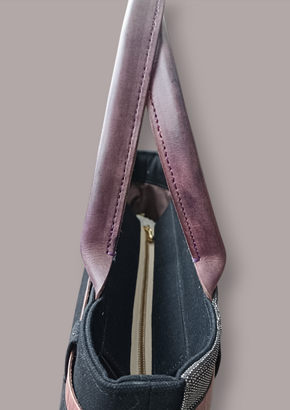 Hand-dyed Smoky Purple Leather & Checkered Kimono Obi Tote bag