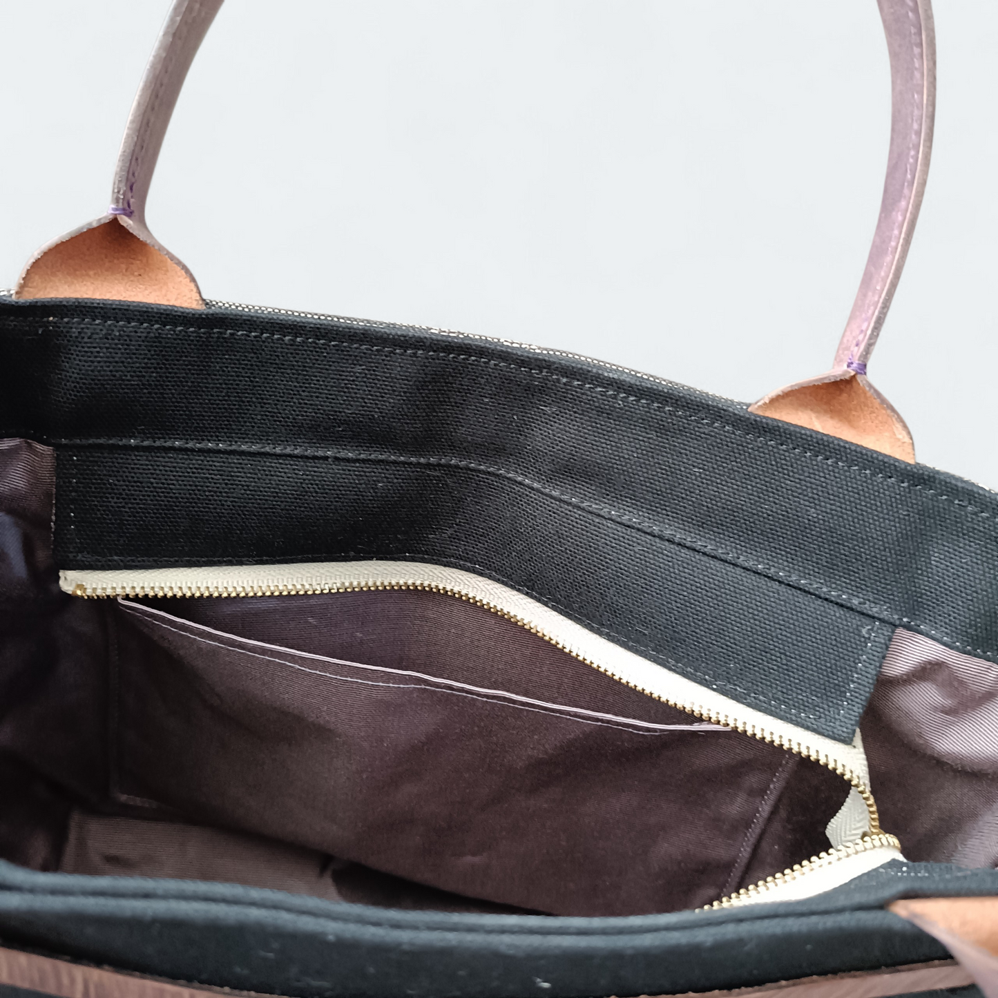 Hand-dyed Smoky Purple Leather & Checkered Kimono Obi Tote bag