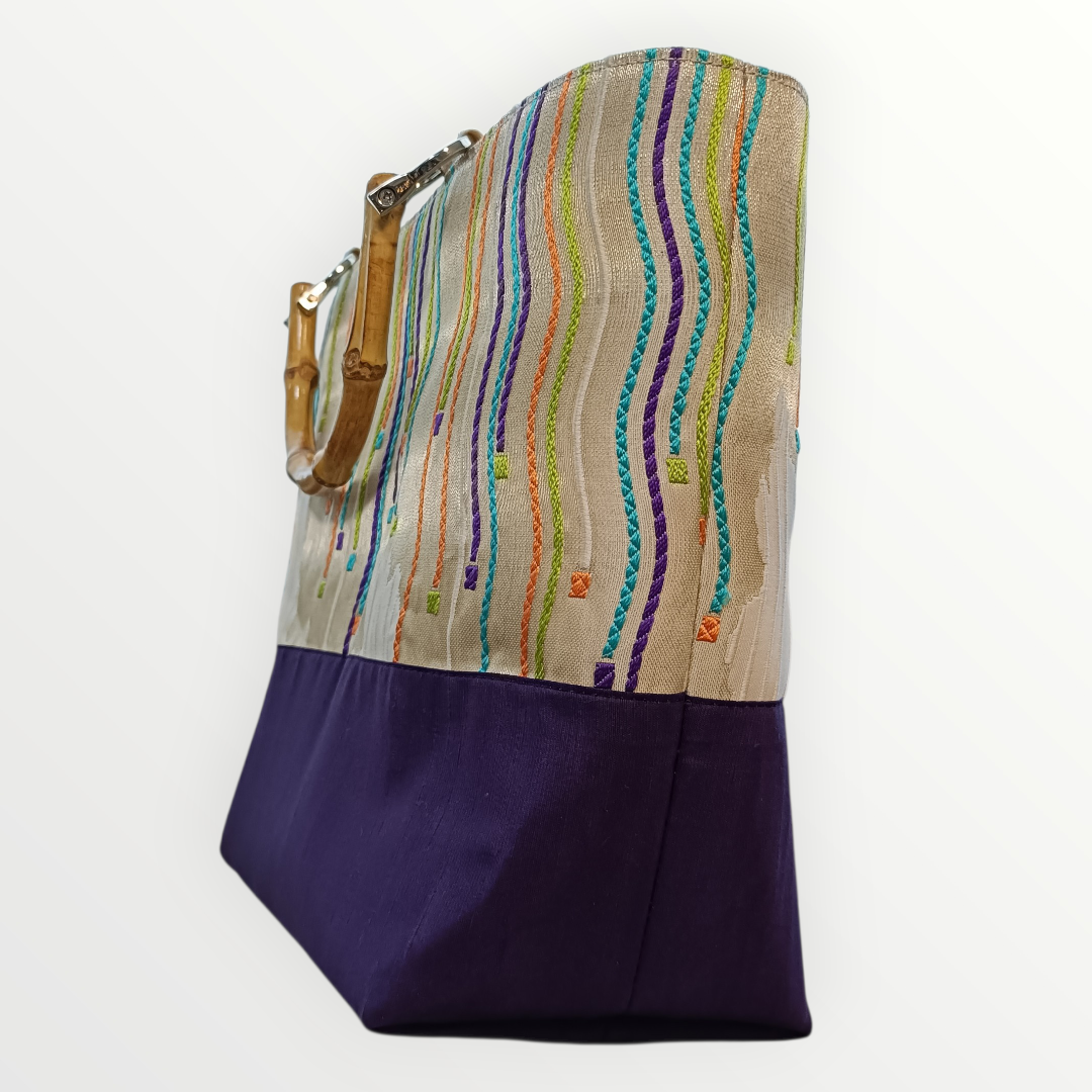 One-of-a-kind KIMONO Obi Tote Bag - Colorful Flowing Lines & Bamboo Handles