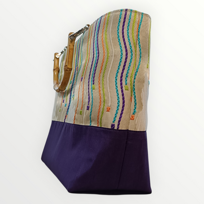 One-of-a-kind KIMONO Obi Tote Bag - Colorful Flowing Lines & Bamboo Handles