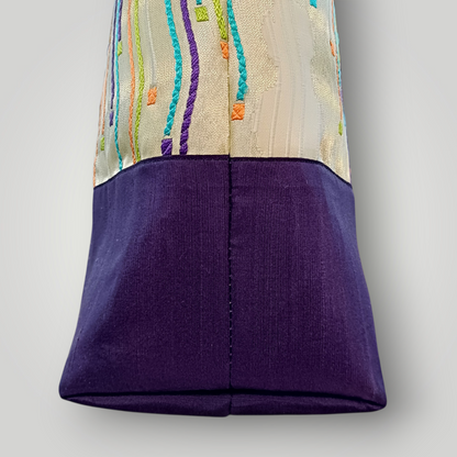 One-of-a-kind KIMONO Obi Tote Bag - Colorful Flowing Lines & Bamboo Handles