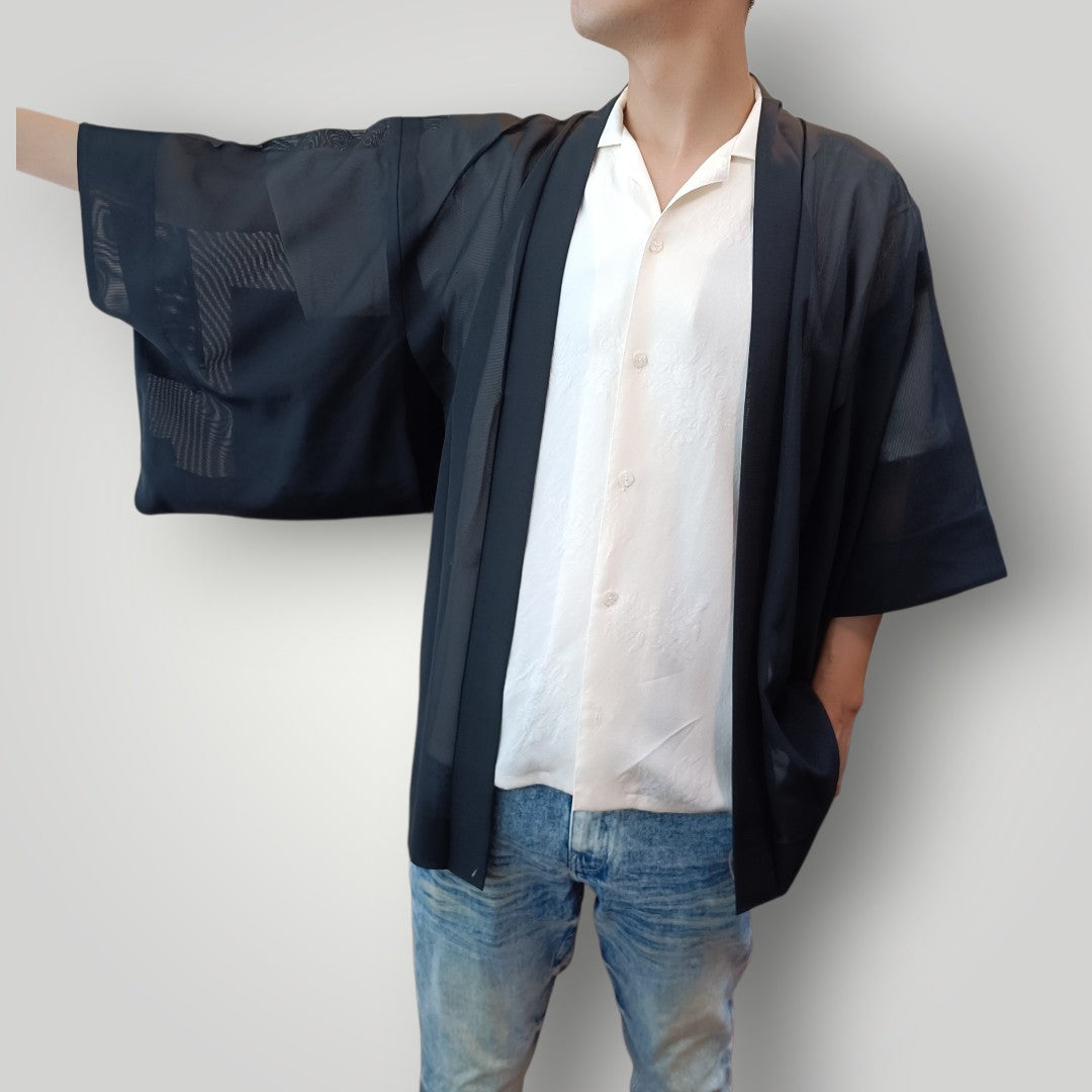 Vintage Kimono Haori & Silk Aloha Shirt Set - Black Sheer & Floral White