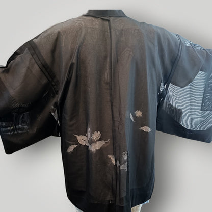 Vintage Kimono Haori & Silk Aloha Shirt Set - Black Sheer & Floral White