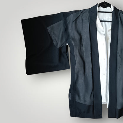 Vintage Kimono Haori & Silk Aloha Shirt Set - Black Sheer & Floral White