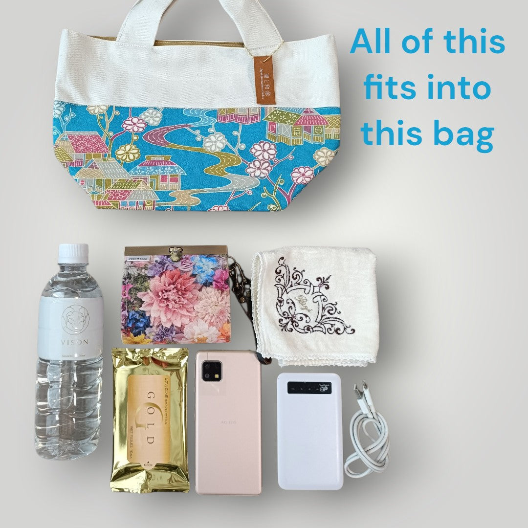 OOAK Pop Light Blue & Traditional Scenery -"Just the Right Size" Canvas & Kimono Mini Tote Bag