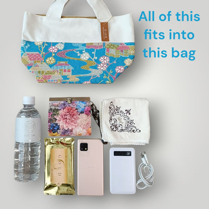 OOAK Pop Light Blue & Traditional Scenery -"Just the Right Size" Canvas & Kimono Mini Tote Bag