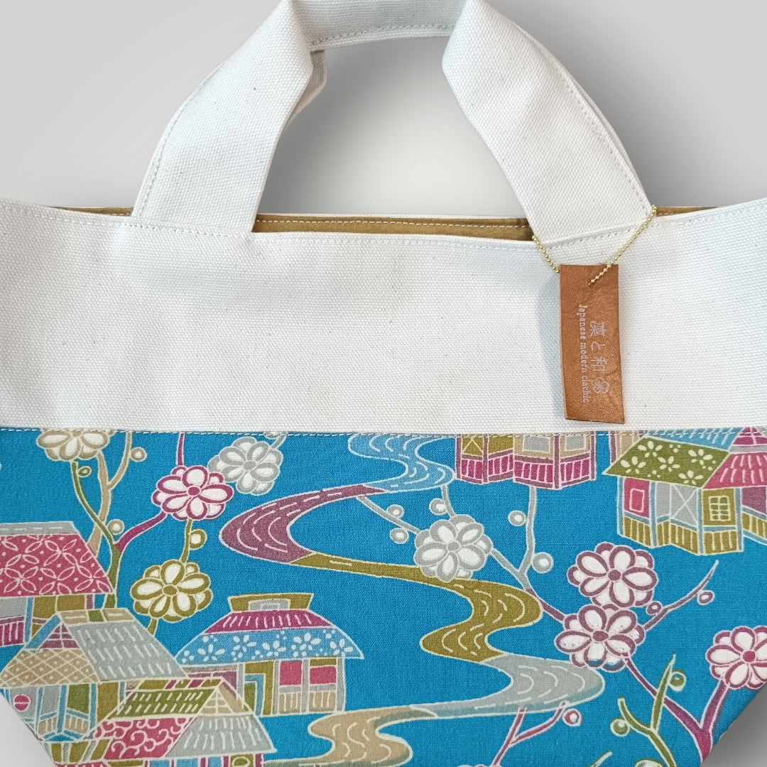 OOAK Pop Light Blue & Traditional Scenery -"Just the Right Size" Canvas & Kimono Mini Tote Bag