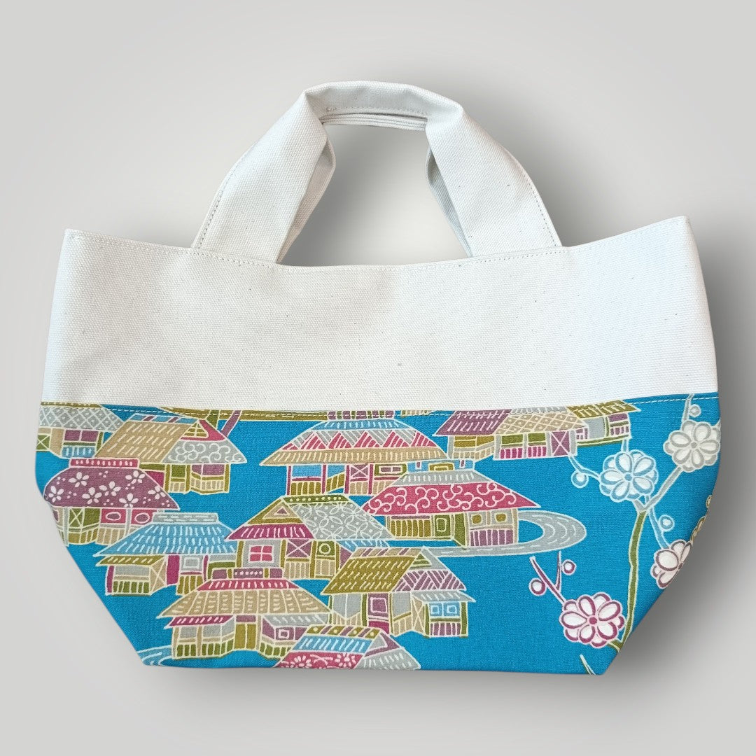 OOAK Pop Light Blue & Traditional Scenery -"Just the Right Size" Canvas & Kimono Mini Tote Bag
