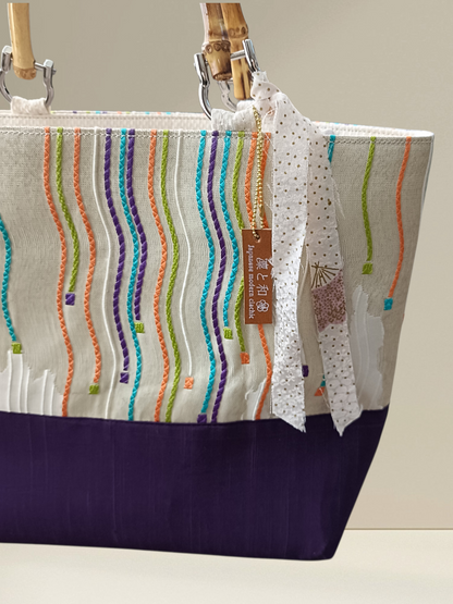 One-of-a-kind KIMONO Obi Tote Bag - Colorful Flowing Lines & Bamboo Handles