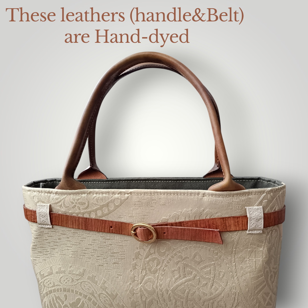 Hand-dyed Leather & Vintage KIMONO Obi Tote Bag -Artisan Luxury　with a shoulder strap
