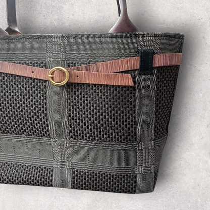 Hand-dyed Smoky Purple Leather & Checkered Kimono Obi Tote bag
