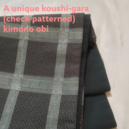 Hand-dyed Smoky Purple Leather & Checkered Kimono Obi Tote bag