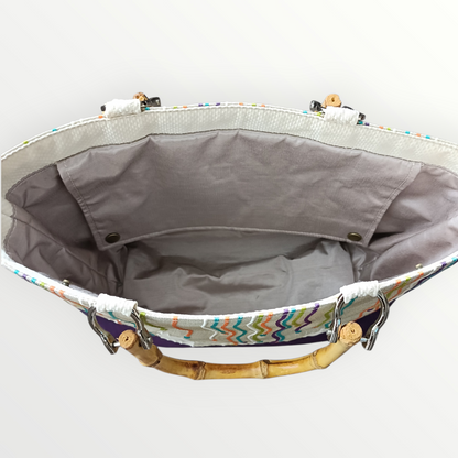 One-of-a-kind KIMONO Obi Tote Bag - Colorful Flowing Lines & Bamboo Handles