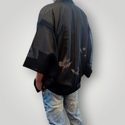 Vintage Kimono Haori & Silk Aloha Shirt Set - Black Sheer & Floral White