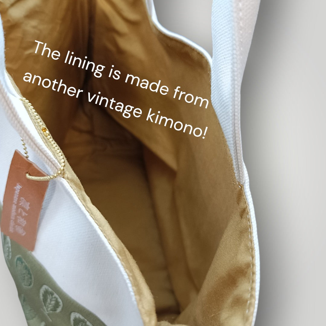 OOAK Matcha Green Leaves -Just the Right Size Canvas & Kimono Mini Tote Bag