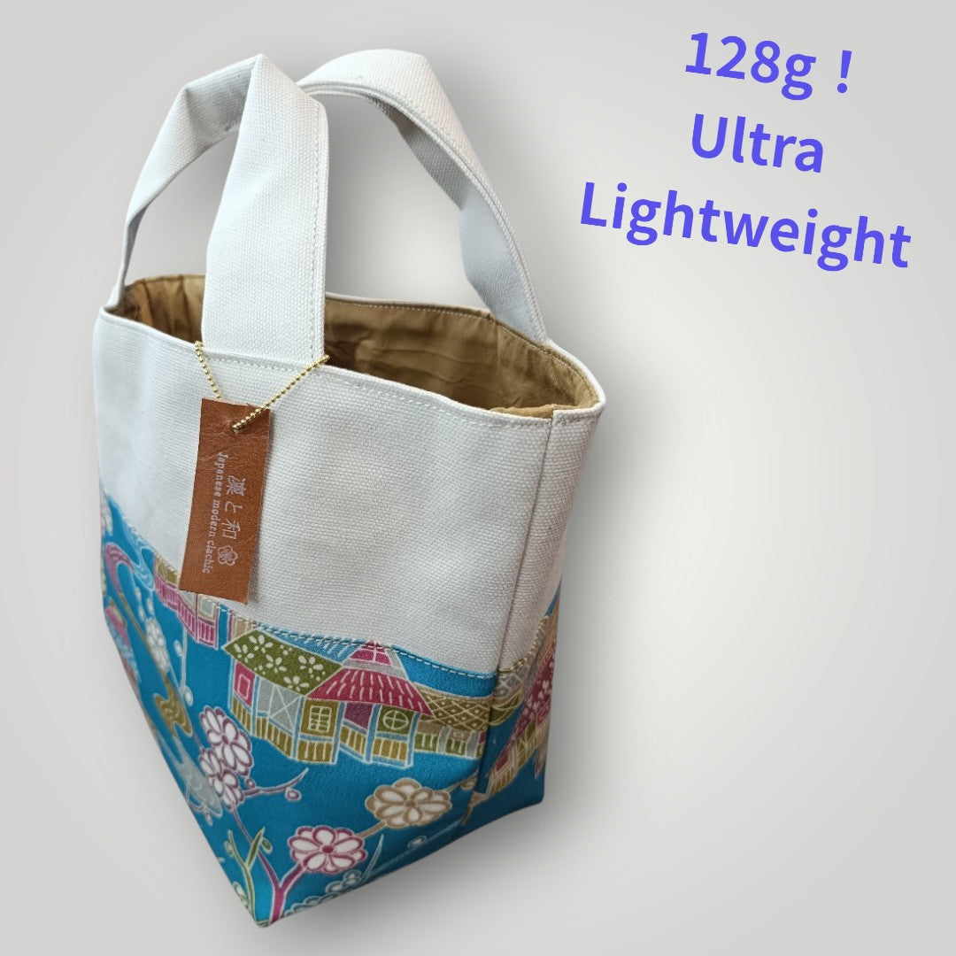 OOAK Pop Light Blue & Traditional Scenery -"Just the Right Size" Canvas & Kimono Mini Tote Bag