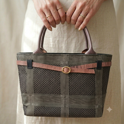 Hand-dyed Smoky Purple Leather Tote Bag Made from Checkered Kimono Obi